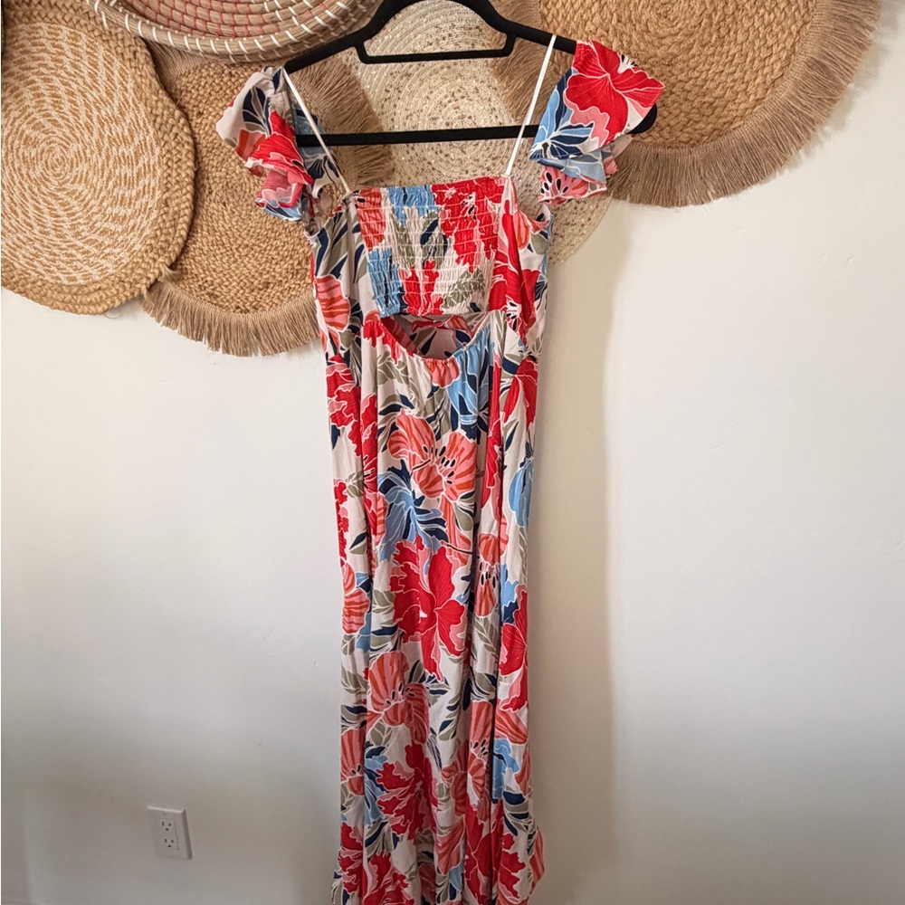 Astr Floral High Low Dress - Red and Blue